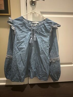 Light Blue Tassel Tie Lace-Trim Peasant Blouse